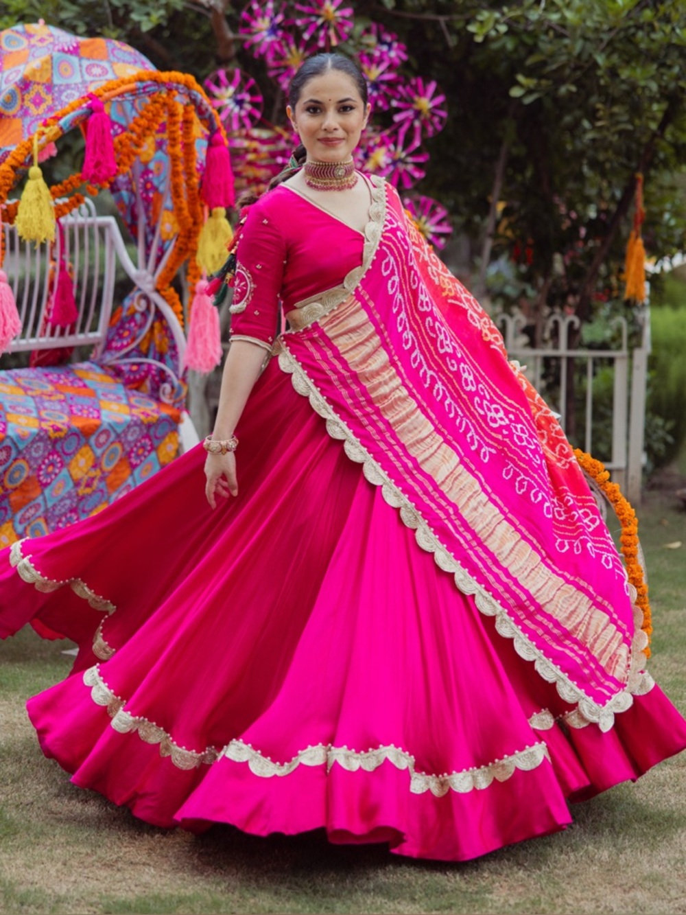 Bhagya Pink Solid Satin Lehenga Set